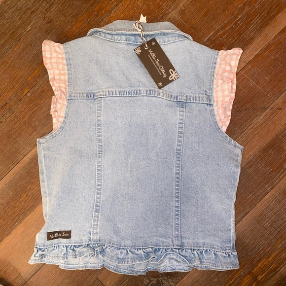 NWT Matilda Jane Light Wash Blue Denim Vest w/ Ruffled PNK Gingham Sleeves SZ 8 - Picture 2 of 6